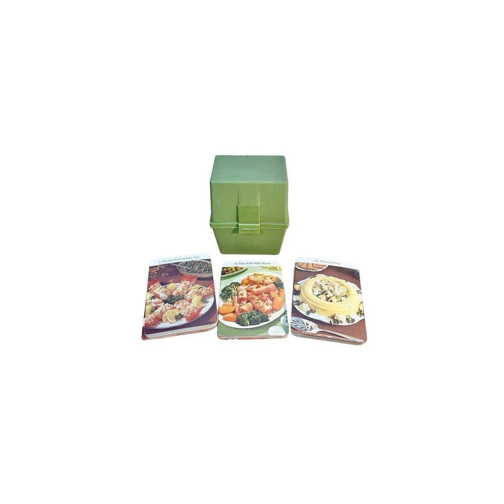 Vintage 1972 DINNER IS SERVED Avocado Green Marjon Promotions Recipe Box Cards